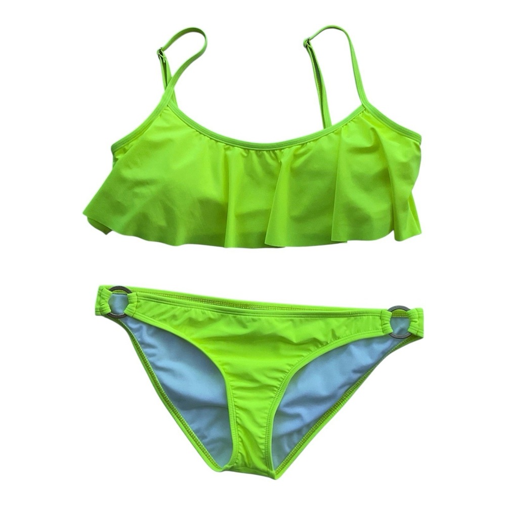 Gianni Bini Neon Yellow Bikini Set Womens Large Ruffle Swimwear USA Made